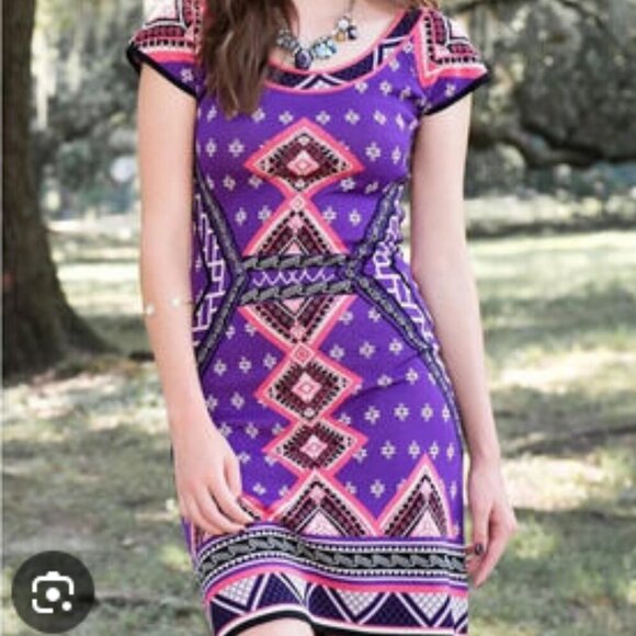 Francesca's Miami Mini Dress Tribal Print Purple Form Fitting Size Medium - Picture 1 of 11